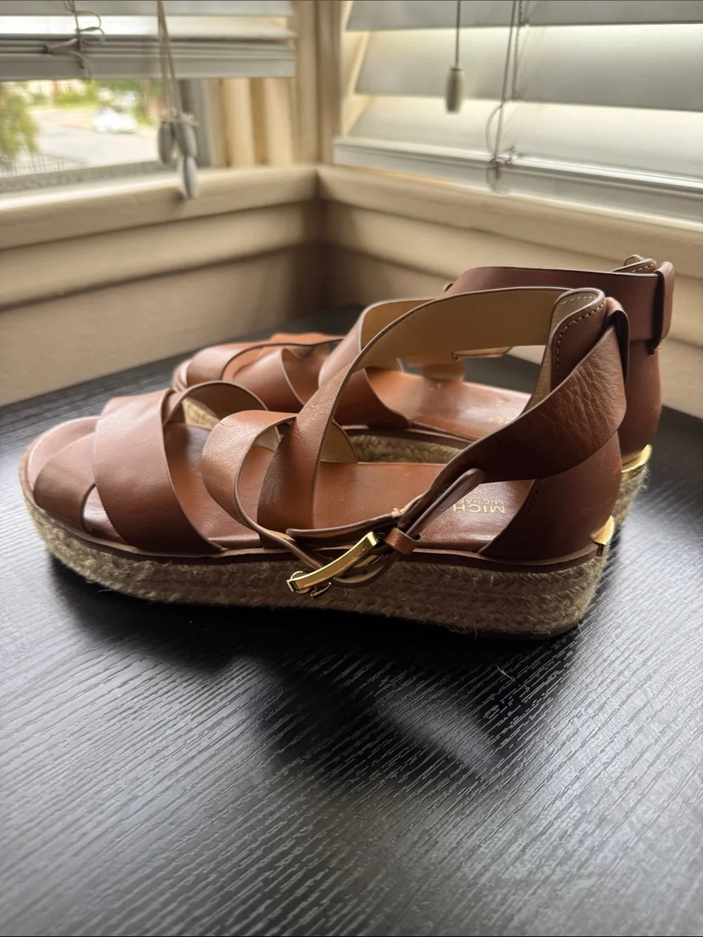 Michael Kors Tan Leather Cross-Strap woven Platform Sandals